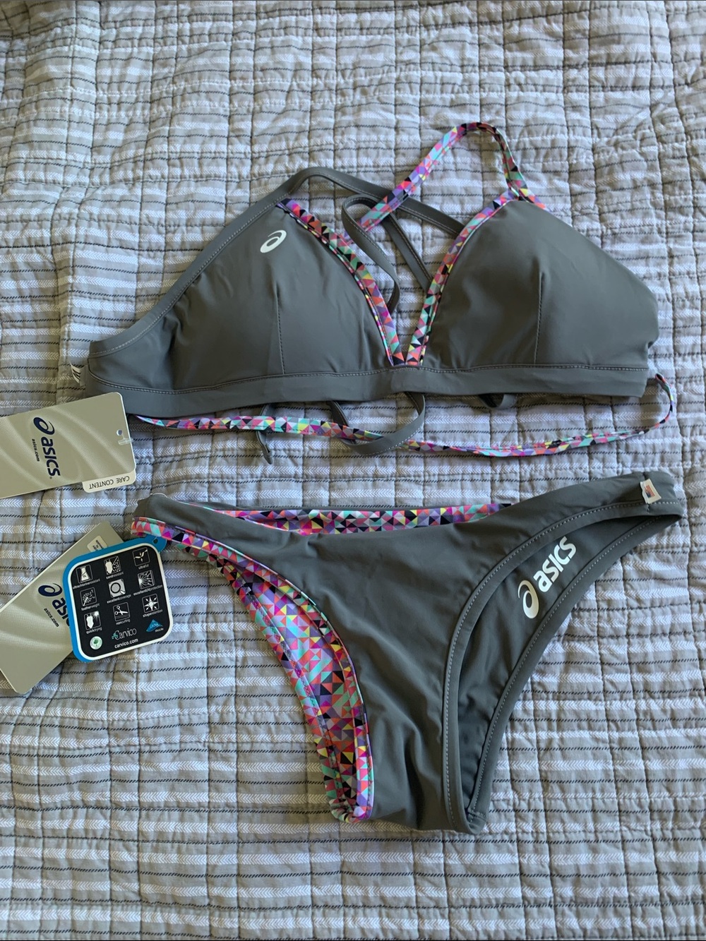 ASICS Reversible Gray/Multicolor Geometric Triangle Bikini Set. - Picture 2 of 7